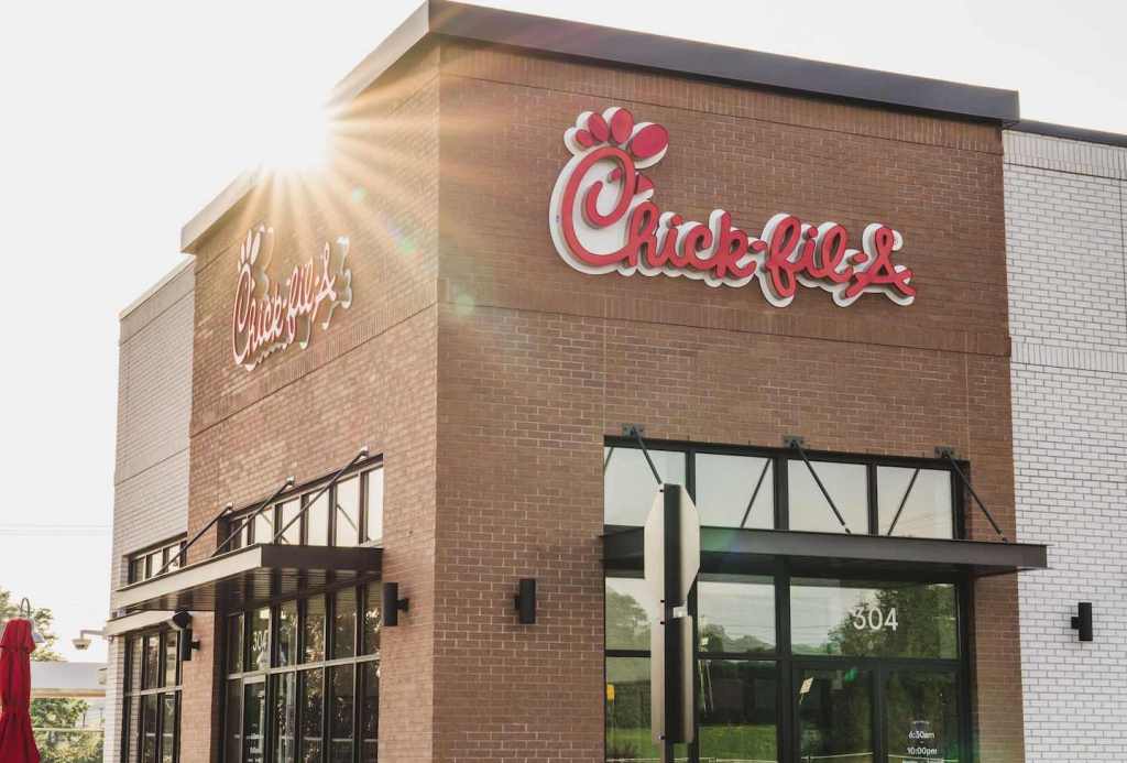 Exterior of a Chick-fil-A restaurant in the daytime.