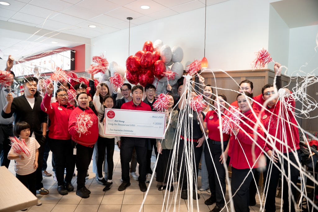 Chick-fil-A Serramonte Team Member Noel Hwang is surprised with a $25,000 scholarship from Chick-fil-A.